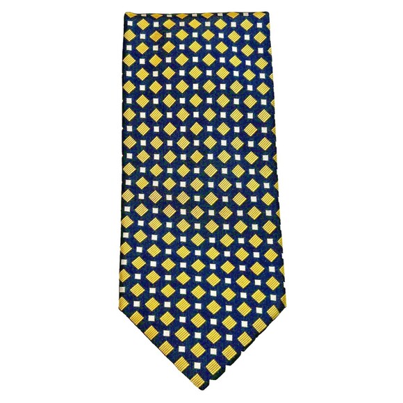 Equestrian Firenre Necktie Tie 100% Silk Made in Italy Texture Navy Yellow White - Picture 1 of 8